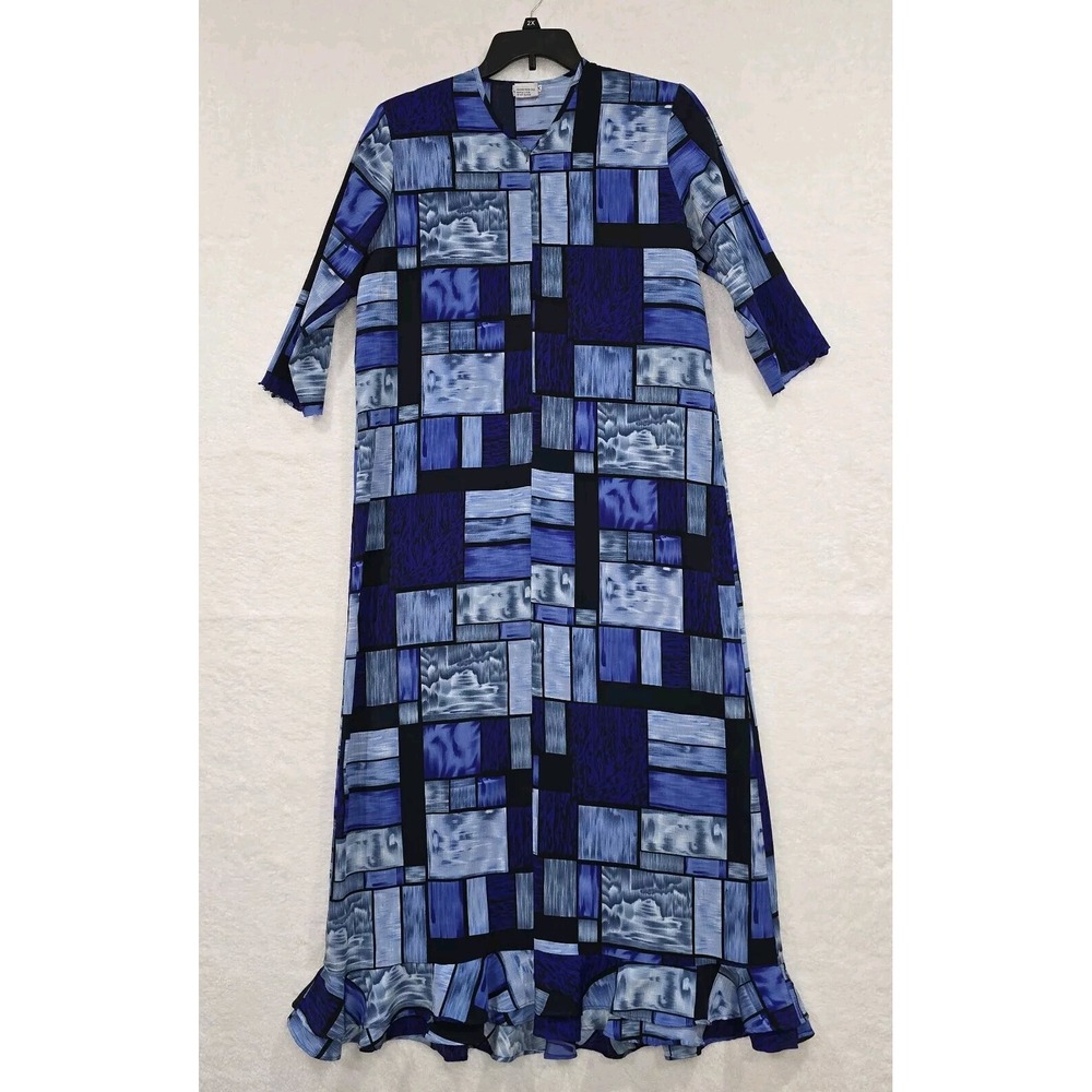 Women Blue And Black Midi Long Dress Small 3/4 Sleeve Front Zip V-Neck Geometric